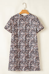 Brown Leopard Print Crew Neck Shift Short T Shirt Dress T Shirt Dresses JT's Designer Fashion