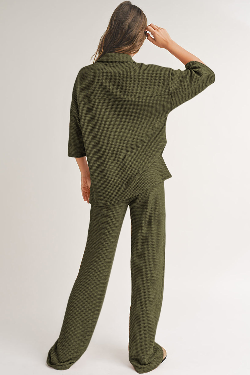 Four Leaf Clover Solid Color Textured Buttoned Shirt and Casual Pants Set Pant Sets JT's Designer Fashion