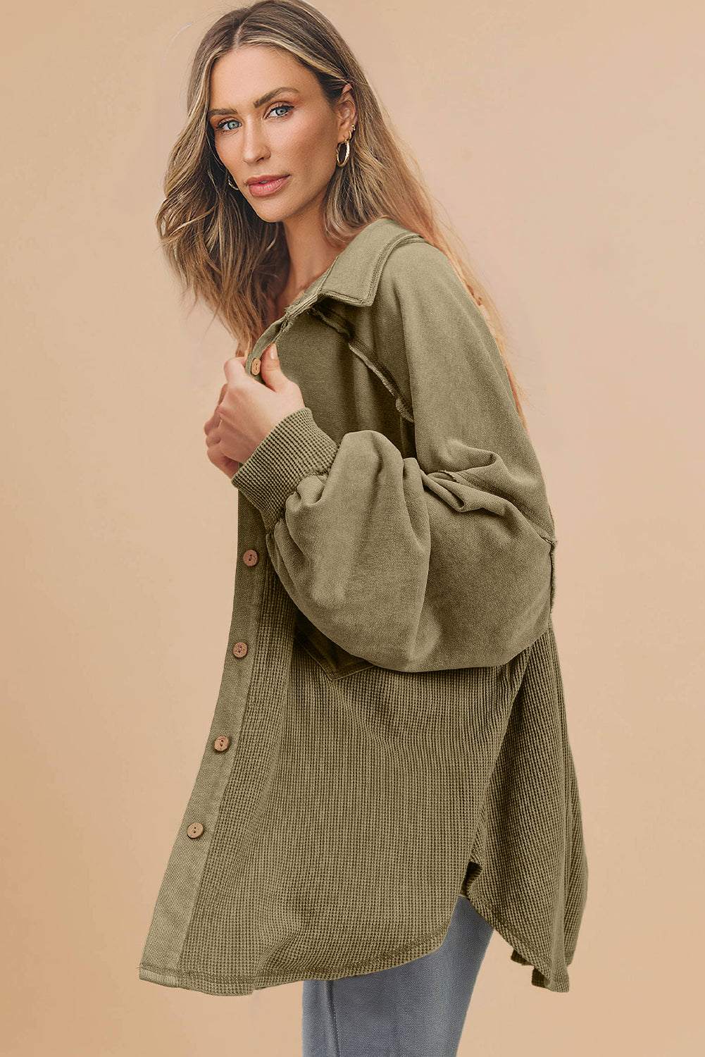 Moss Green Waffle Knit Patchwork Buttoned Oversized Shacket Jackets JT's Designer Fashion