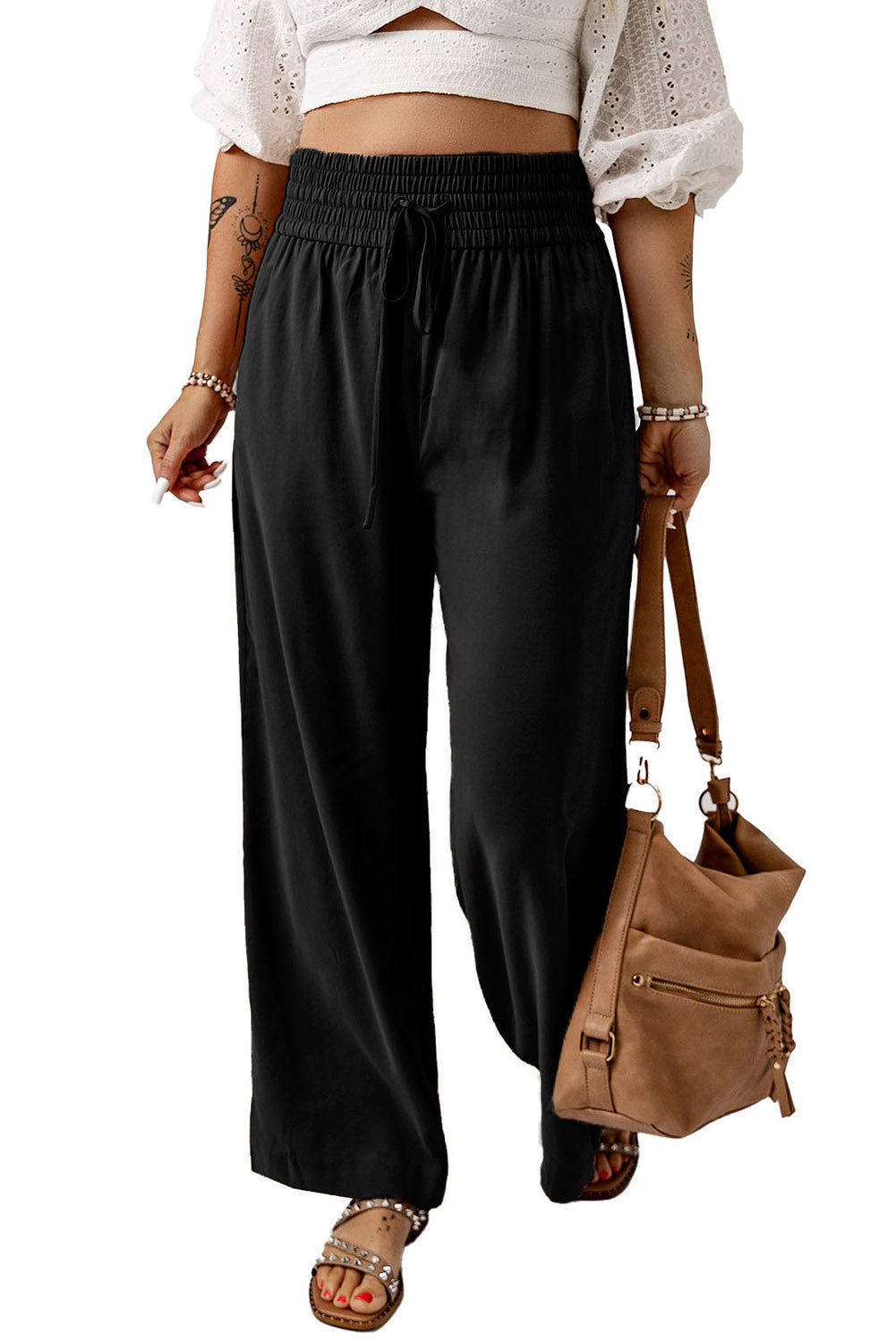 Black Drawstring Elastic Waist Casual Wide Leg Pants Pants & Culotte JT's Designer Fashion