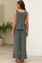 Duffel Green Solid Color Ribbed Ruffle Tank Top and Pants Set Pant Sets JT's Designer Fashion