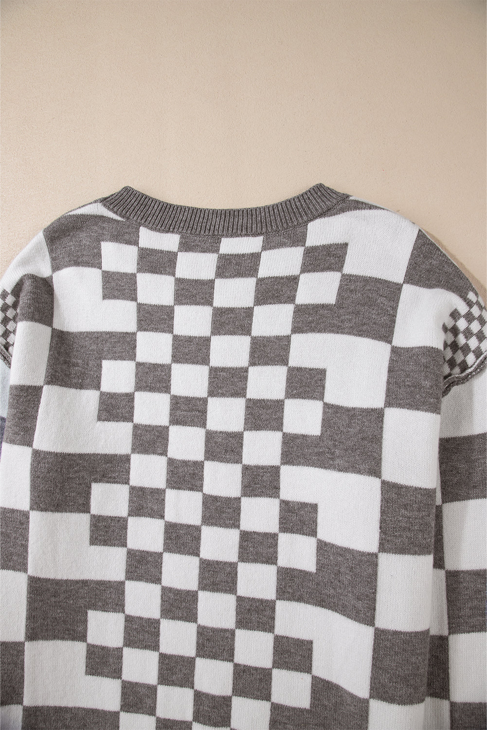 Gray Checkered Print Drop Shoulder Round Neck Sweater Sweaters JT's Designer Fashion