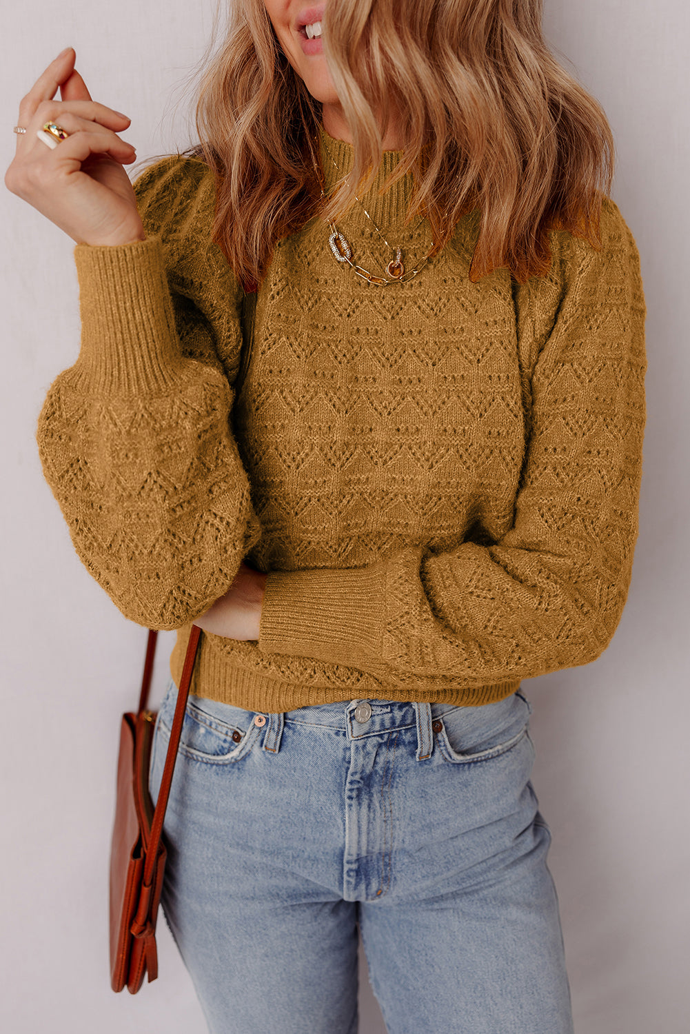 Jurassic Gold Hollow Out Crochet Ribbed Edge Balloon Sleeve Sweater Sweaters JT's Designer Fashion