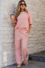 Apricot Pink Half Sleeve T-Shirt & Cargo Sweatpants Set Pant Sets JT's Designer Fashion