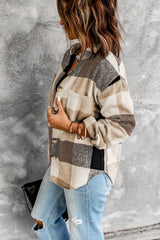 Khaki Plaid Color Block Buttoned Long Sleeve Jacket with Pocket Plaid Shackets JT's Designer Fashion