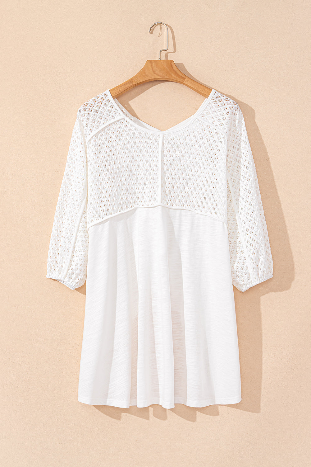 White Eyelet Patchwork High Low Hem V Neck Oversized Top Long Sleeve Tops JT's Designer Fashion