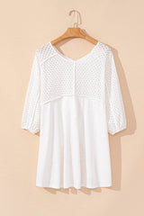 White Eyelet Patchwork High Low Hem V Neck Oversized Top Long Sleeve Tops JT's Designer Fashion