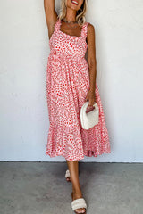 Pink Geometric Print Knot Back Sleeveless Ruffle Hem Dress Midi Dresses JT's Designer Fashion