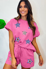 Strawberry Pink Solid Color Textured Sequined American Star Patched Short 2pcs Outfit Graphic Sets JT's Designer Fashion
