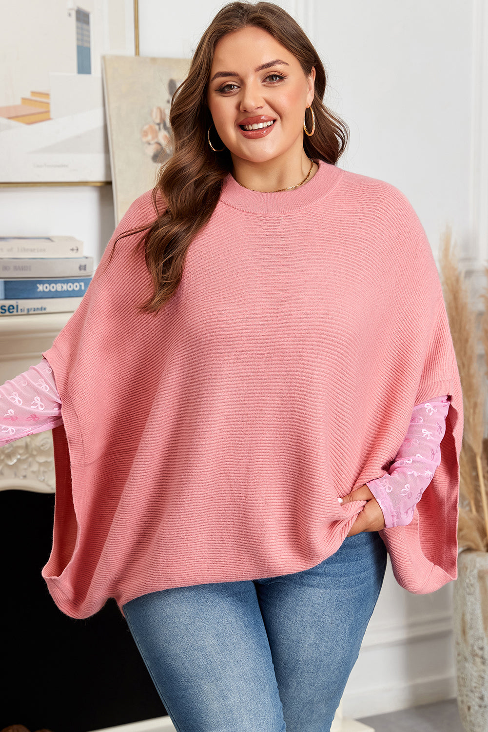 Light Pink Ribbed Knit Half Sleeve Plus Size Poncho Style Sweater Light Pink 65%Acrylic+35%Polyamide Plus Size Sweaters & Cardigans JT's Designer Fashion