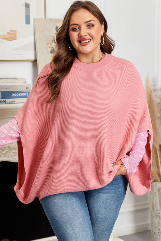Light Pink Ribbed Knit Half Sleeve Plus Size Poncho Style Sweater Light Pink 65%Acrylic+35%Polyamide Plus Size Sweaters & Cardigans JT's Designer Fashion