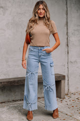 Beau Blue Bowknot Decor Boyfriend Cargo Jeans Jeans JT's Designer Fashion