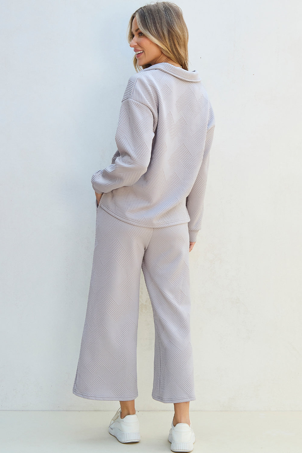 Light Grey Solid Textured Collared V Neck Top and Wide Leg Pants Set Pant Sets JT's Designer Fashion