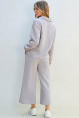 Light Grey Solid Textured Collared V Neck Top and Wide Leg Pants Set Pant Sets JT's Designer Fashion