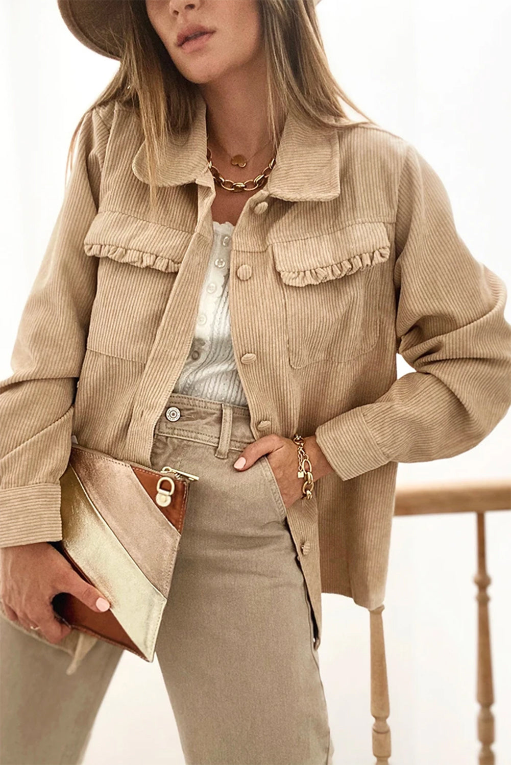 Light French Beige Solid Frilled Flap Pocket Button Up Corduroy Shacket Jackets JT's Designer Fashion