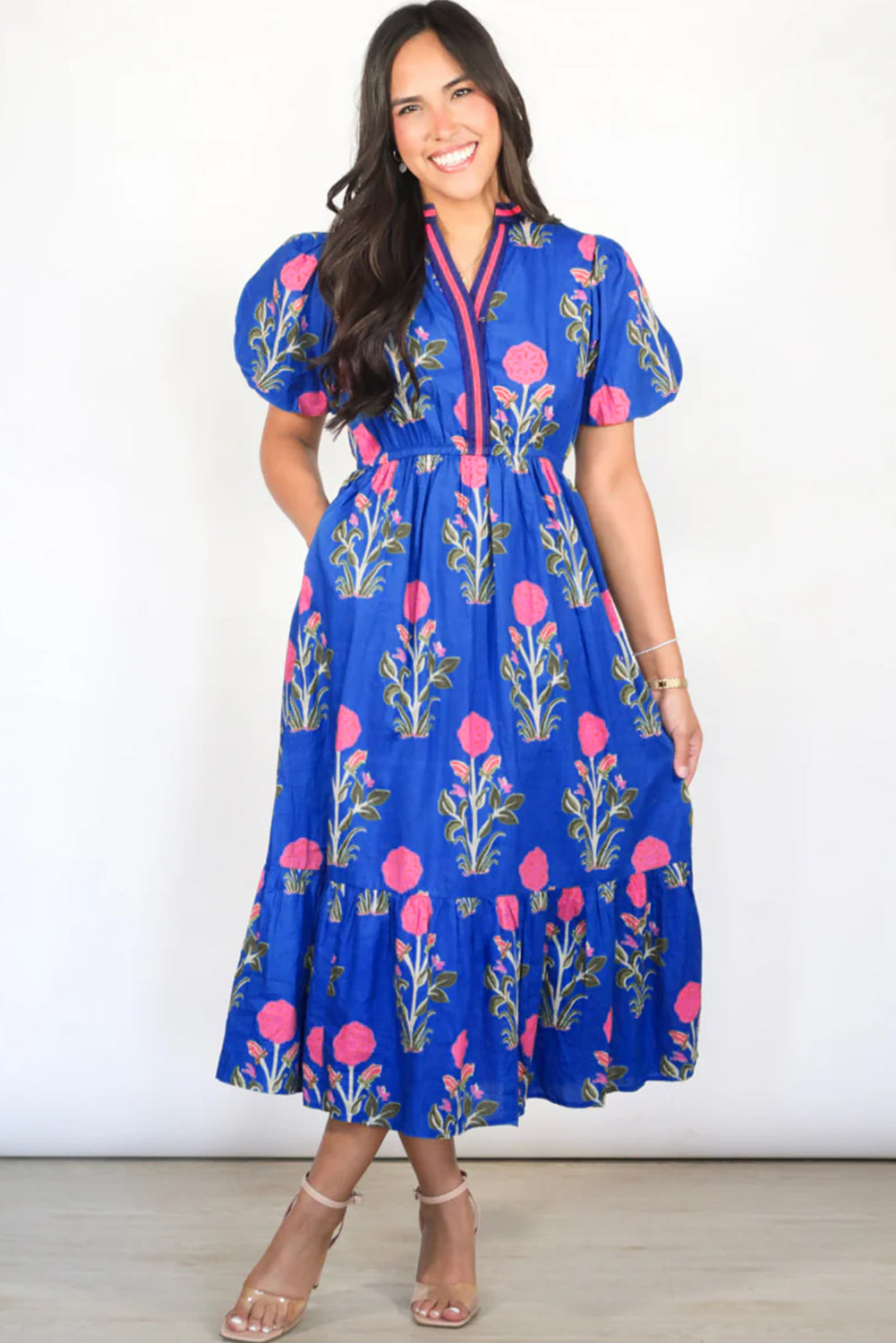 Sky Blue Floral Puff Short Sleeve V Neck High Waist Maxi Dress Floral Dresses JT's Designer Fashion