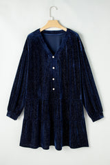 Navy Blue Plus Size Textured Velvet Tiered Button V Neck Dress Plus Size Mini Dresses JT's Designer Fashion