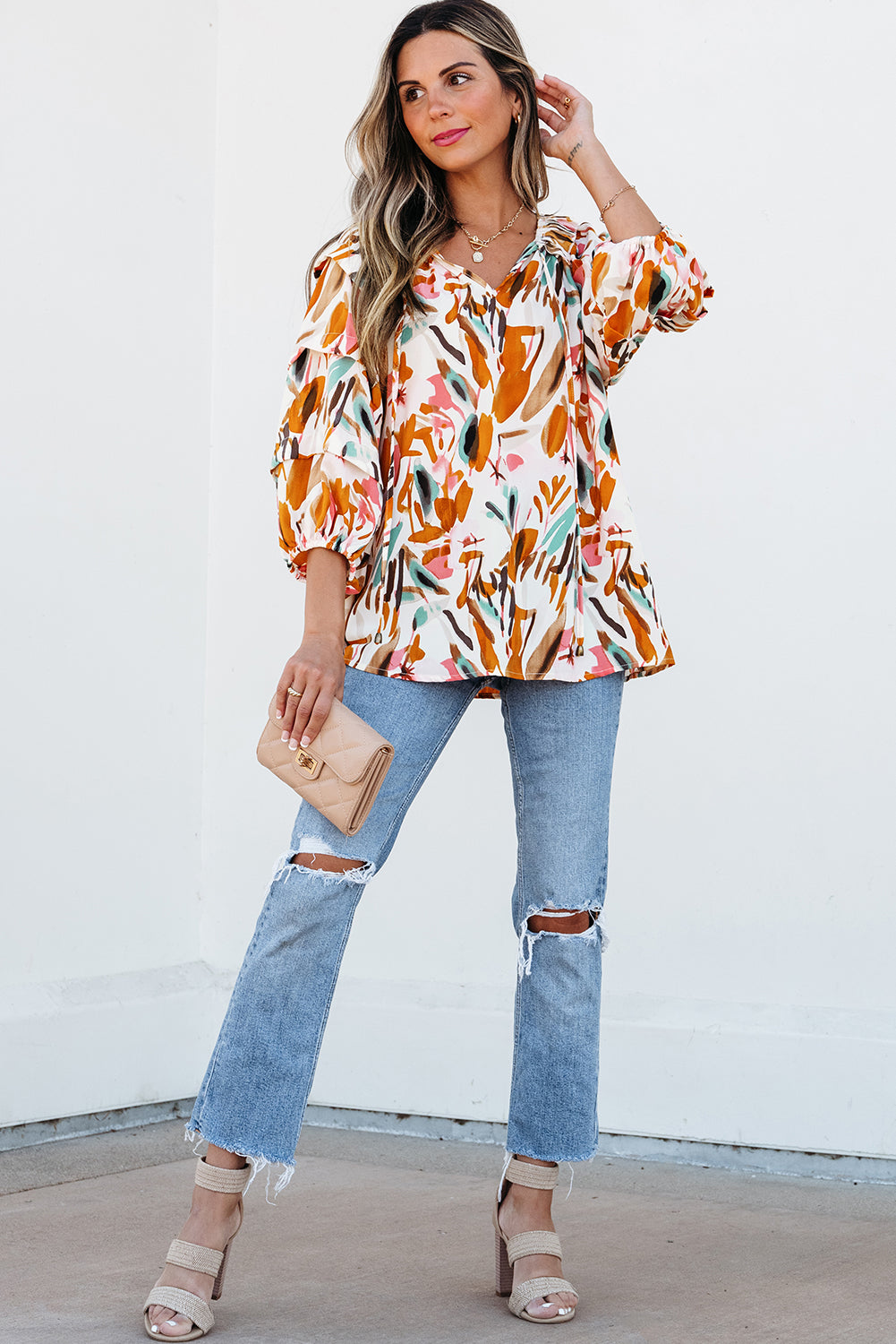Yellow Abstract Print Drawstring Frilled V Neck 3/4 Sleeve Blouse Blouses & Shirts JT's Designer Fashion