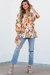 Yellow Abstract Print Drawstring Frilled V Neck 3/4 Sleeve Blouse Blouses & Shirts JT's Designer Fashion