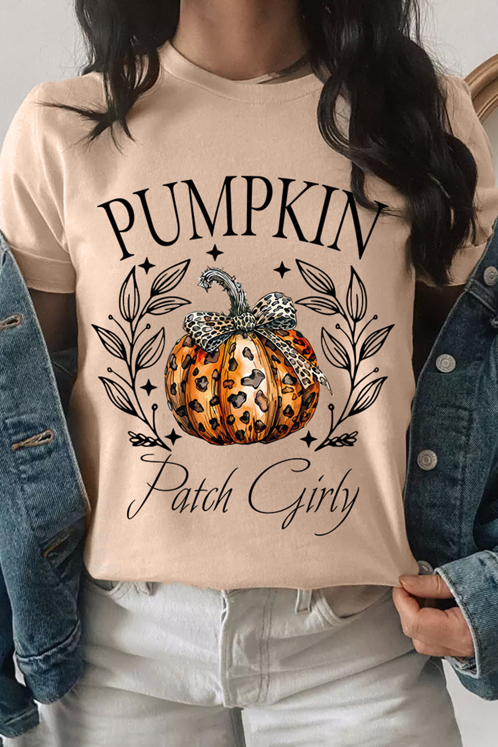 Khaki PUMPKIN Patch Girly Leopard Bowknot Pumpkin Graphic T Shirt Graphic Tees JT's Designer Fashion
