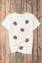 White Sequin Strawberry Patched Crew Neck T Shirt Graphic Tees JT's Designer Fashion