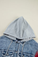 Beau Blue Plaid Print Patchwork Hooded Raw Hem Denim Jacket Denim Jackets JT's Designer Fashion