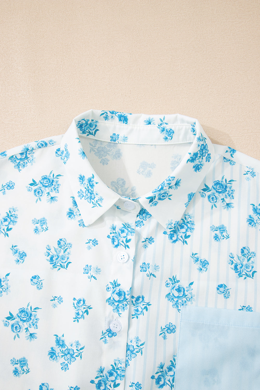 Sky Blue Floral Striped Print Contrast Patched Pocket Shirt and Shorts Set Short Sets JT's Designer Fashion