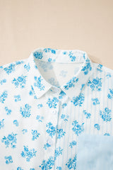 Sky Blue Floral Striped Print Contrast Patched Pocket Shirt and Shorts Set Short Sets JT's Designer Fashion