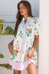 White Floral Print Contrast Striped Patchwork Short Puff Sleeve Dress Floral Dresses JT's Designer Fashion