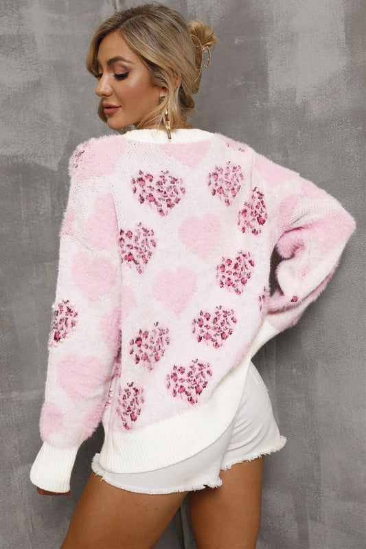 Pink Heart Leopard Print Pearled Ribbed Trim Fuzzy Sweater Sweaters JT's Designer Fashion