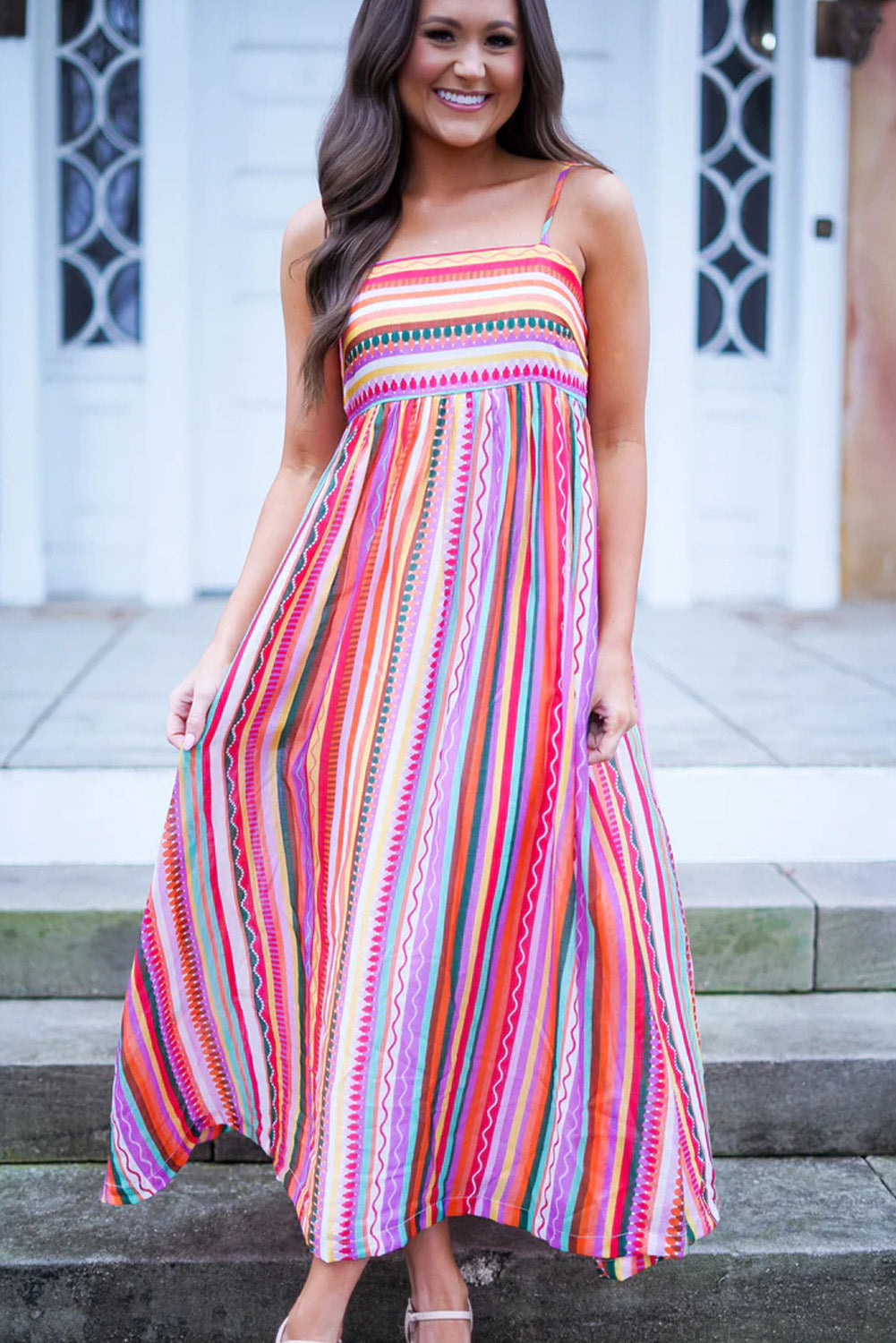 Multicolour Striped Thin Straps Smocked Back Boho Maxi Dress Dresses JT's Designer Fashion
