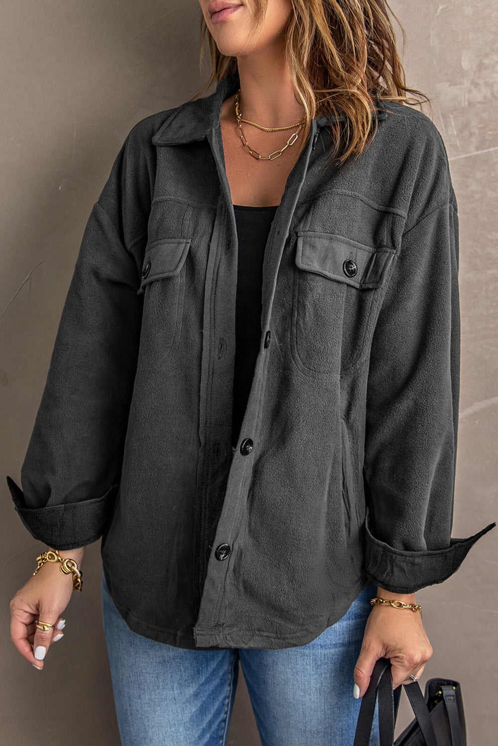 Gray Turn Down Collar Buttoned Shirt Jacket Gray 100%Polyester Jackets JT's Designer Fashion