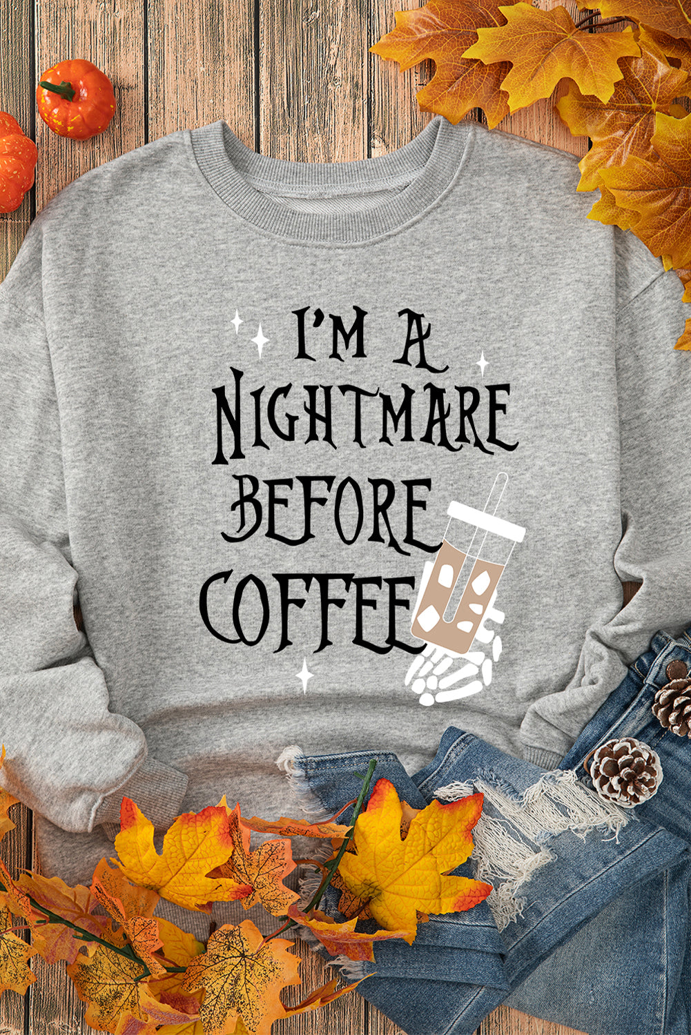 Gray I'M A NIGHTMARE BEFORE COFFEE Graphic Crewneck Sweatshirt Graphic Sweatshirts JT's Designer Fashion