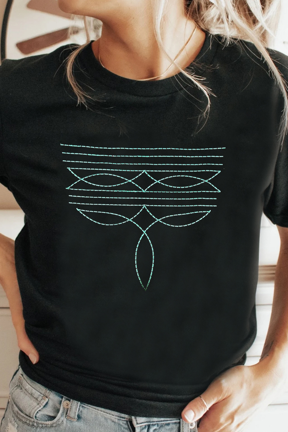 Black Western Fashion Geometric Embroidered T Shirt Graphic Tees JT's Designer Fashion