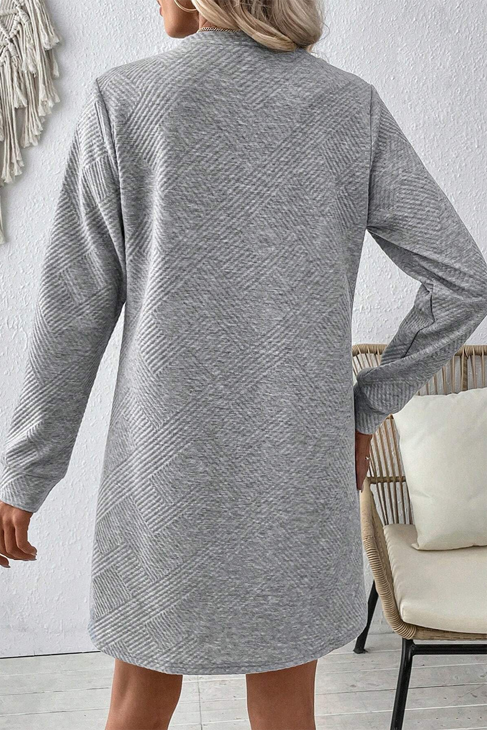 Gray Solid Color Textured Long Sleeve Shift Dress Mini Dresses JT's Designer Fashion