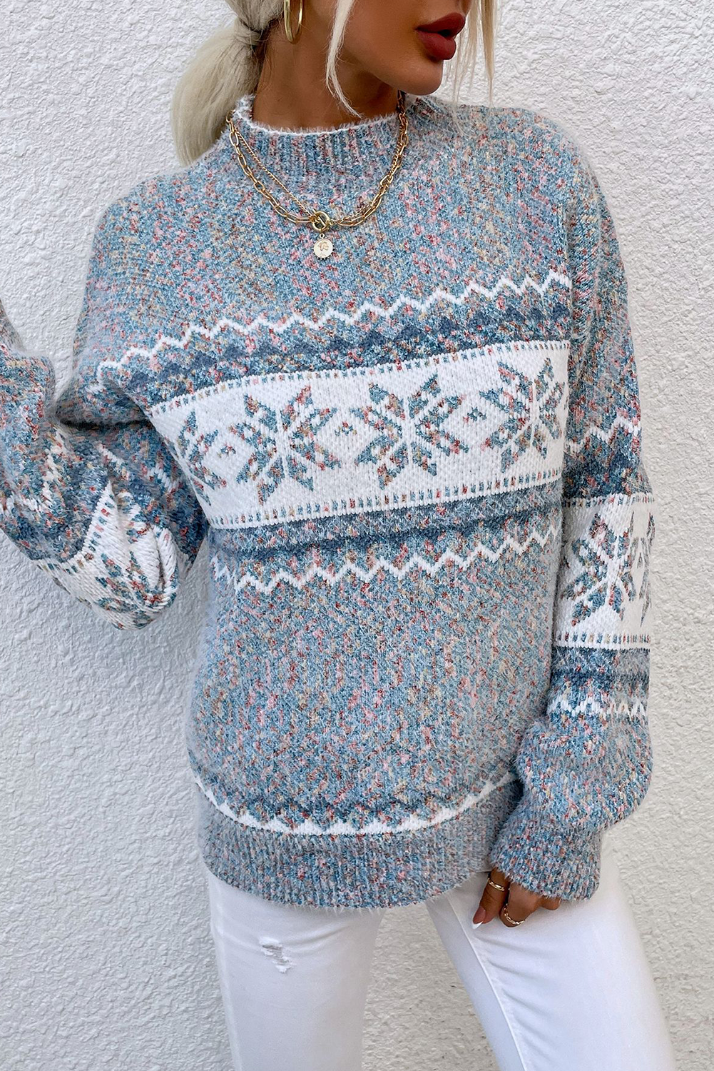 Gray Retro Snowflake Pattern Mock Neck Fuzzy Sweater Sweaters JT's Designer Fashion