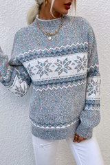 Gray Retro Snowflake Pattern Mock Neck Fuzzy Sweater Sweaters JT's Designer Fashion