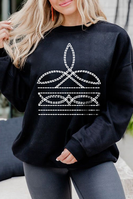 Black Western Pattern Print Round Neck Pullover Sweatshirt Black 50%Polyester+50%Cotton Graphic Sweatshirts JT's Designer Fashion