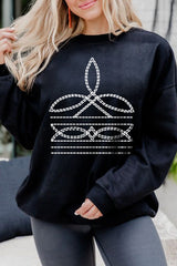 Black Western Pattern Print Round Neck Pullover Sweatshirt Black 50%Polyester+50%Cotton Graphic Sweatshirts JT's Designer Fashion