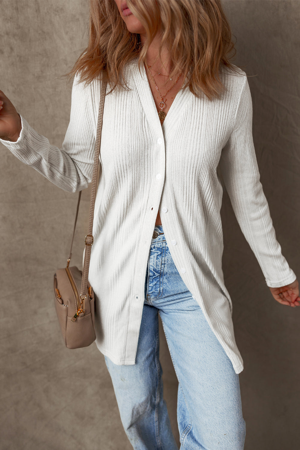 White Solid Color Ribbed Button up Tunic Cardigan Cardigans JT's Designer Fashion