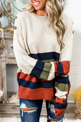 White Buttoned Shoulder Drop Shoulder Striped Sweater Sweaters & Cardigans JT's Designer Fashion