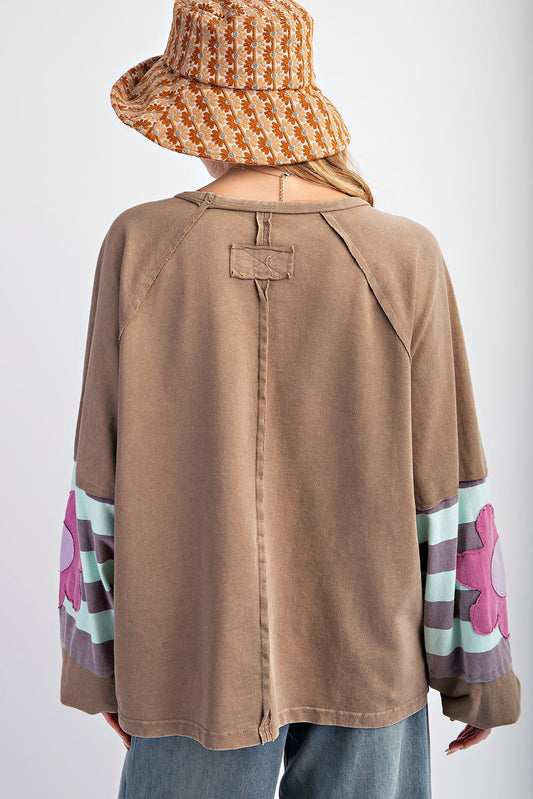 Dune Flower Patchwork Raglan Sleeve Exposed Seam Oversized Top Long Sleeve Tops JT's Designer Fashion