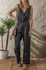 Black Wrap V Neck Sleeveless High Waist Jumpsuit Jumpsuits & Rompers JT's Designer Fashion