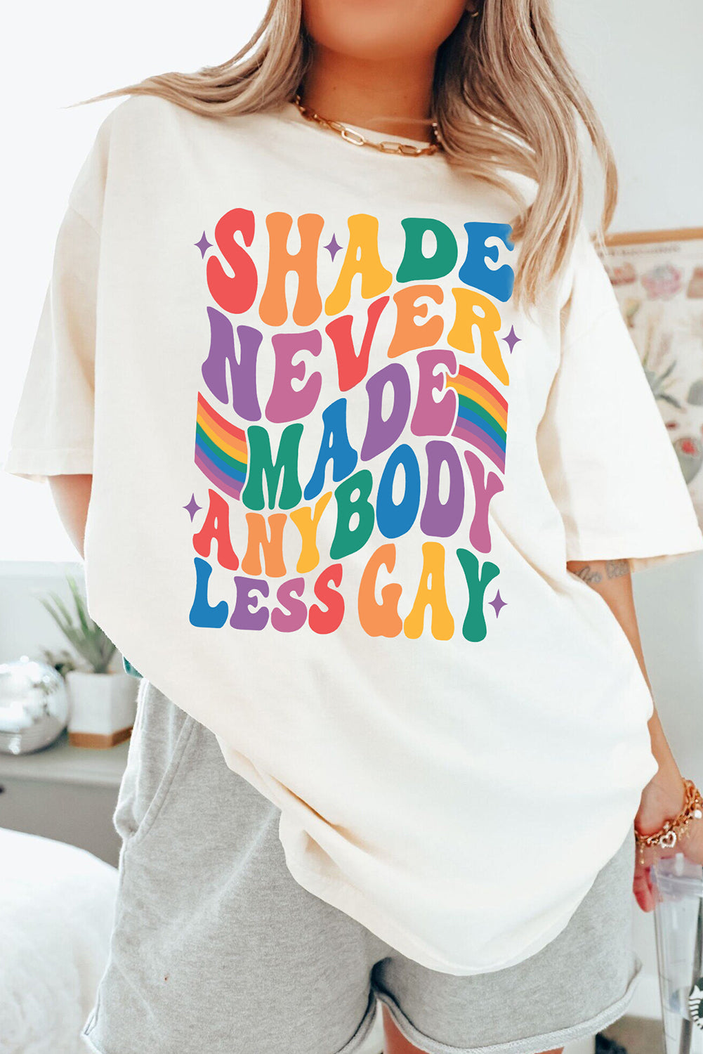 White SHADE NEVER MADE ANYBODY LESS GAY Pride Graphic Tee Graphic Tees JT's Designer Fashion