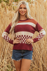 Brown Checkered Color Block Knitted Drop Shoulder Sweater Sweaters JT's Designer Fashion
