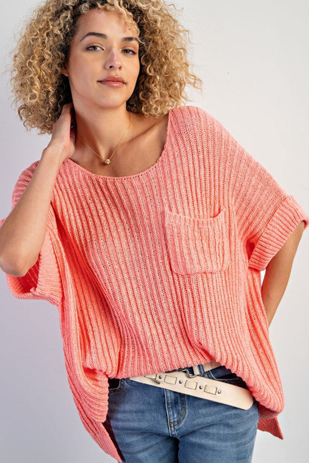 Fresh Salmon Short Sleeve Patched Pocket Split Baggy Knit Top Sweaters & Cardigans JT's Designer Fashion