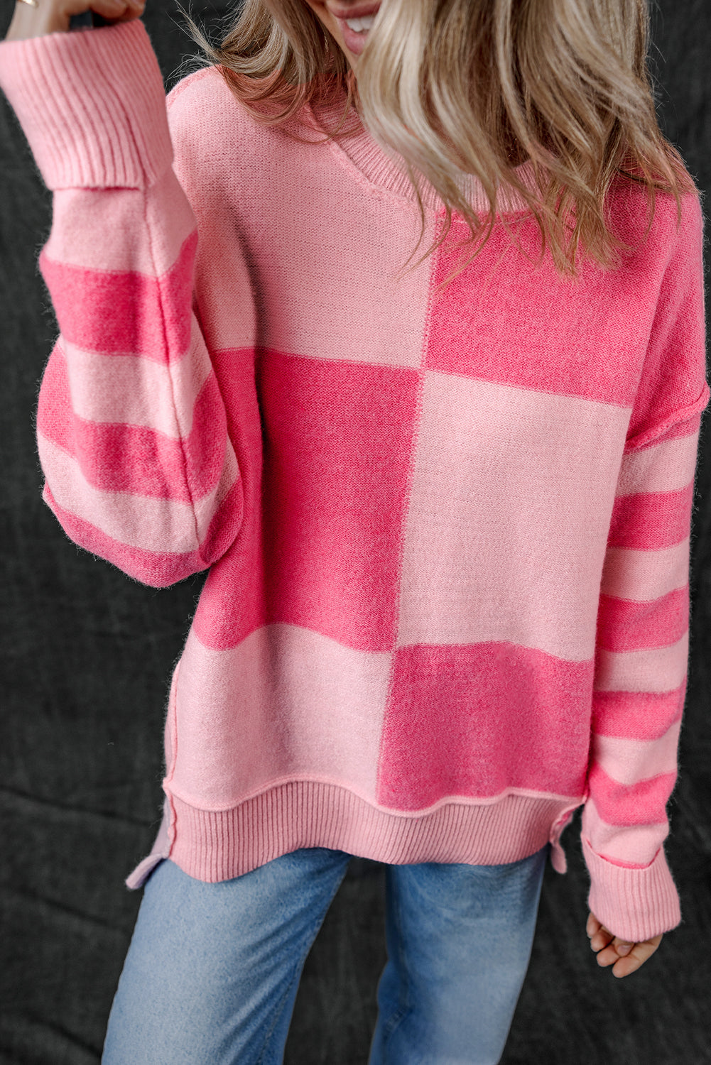 Pink Checkered Colorblock Striped High Low Loose Sweater Sweaters JT's Designer Fashion