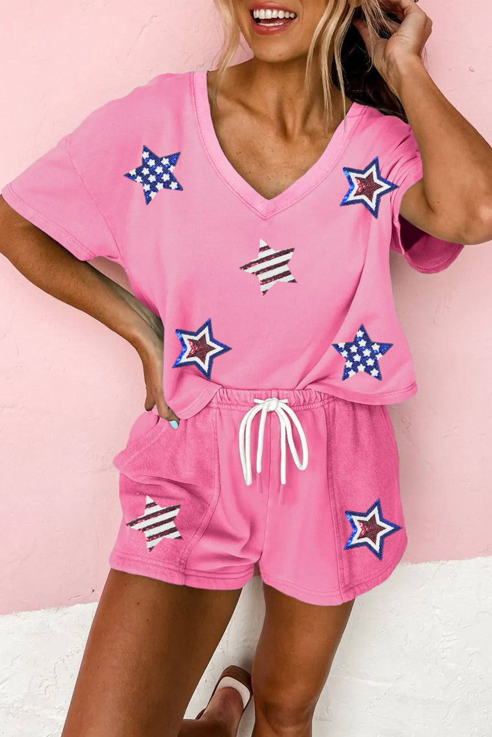 Bonbon Sequin American Flag Star Patch V Neck Tee and Short Set Bonbon 70%Polyester+25%Cotton+5%Elastane Graphic Sets JT's Designer Fashion