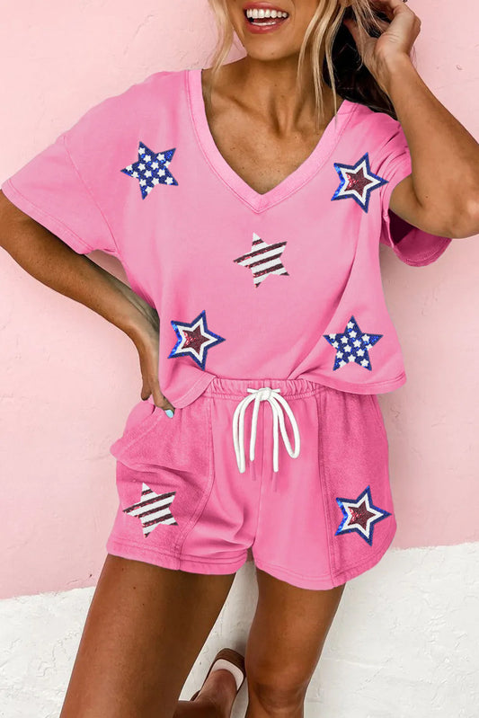 Bonbon Sequin American Flag Star Patch V Neck Tee and Short Set Bonbon 70%Polyester+25%Cotton+5%Elastane Graphic Sets JT's Designer Fashion