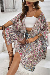 Apricot Floral Print Short Wide Sleeve Open Front Loose Kimono Kimonos JT's Designer Fashion